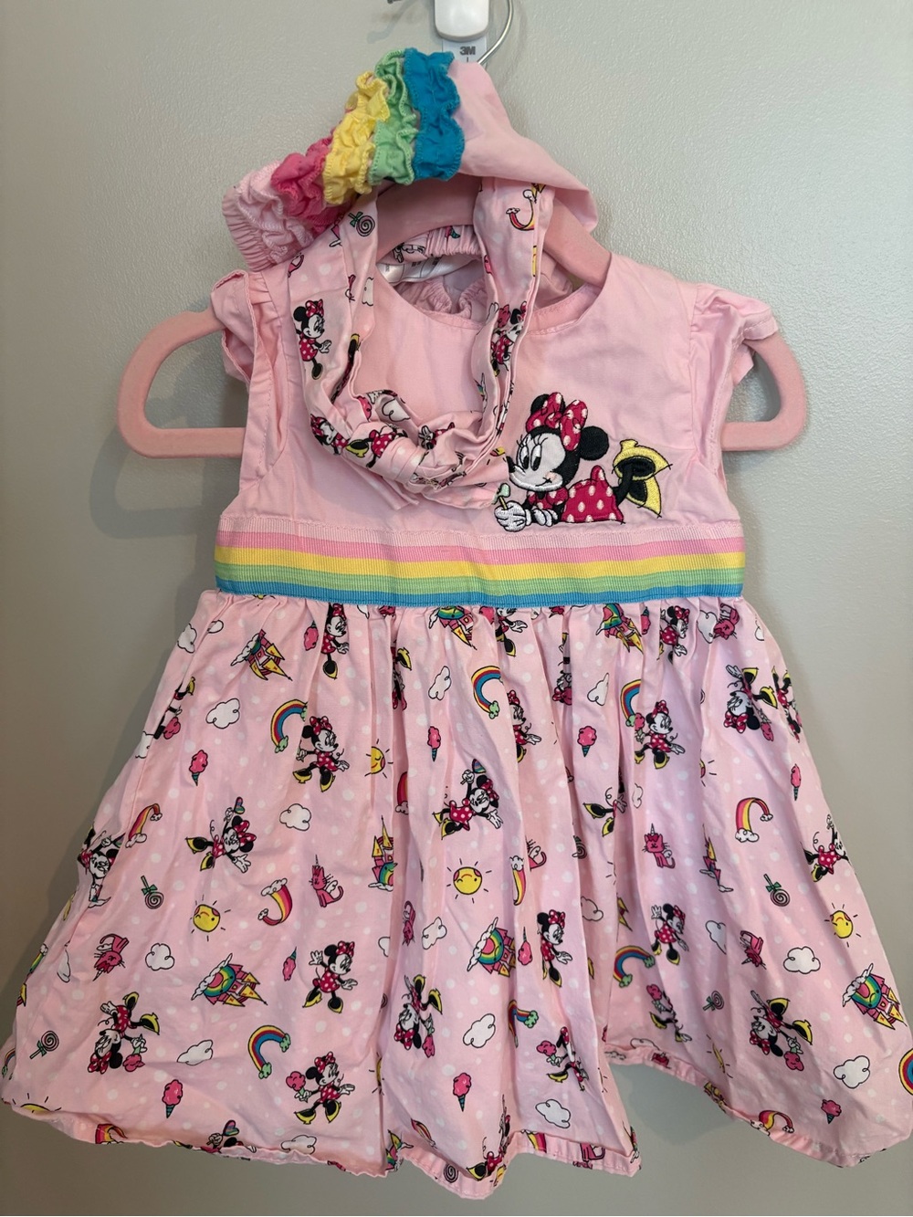Disney Pink Minnie Mouse Rainbow Waist Girls' Dress with Headband and Bloomer